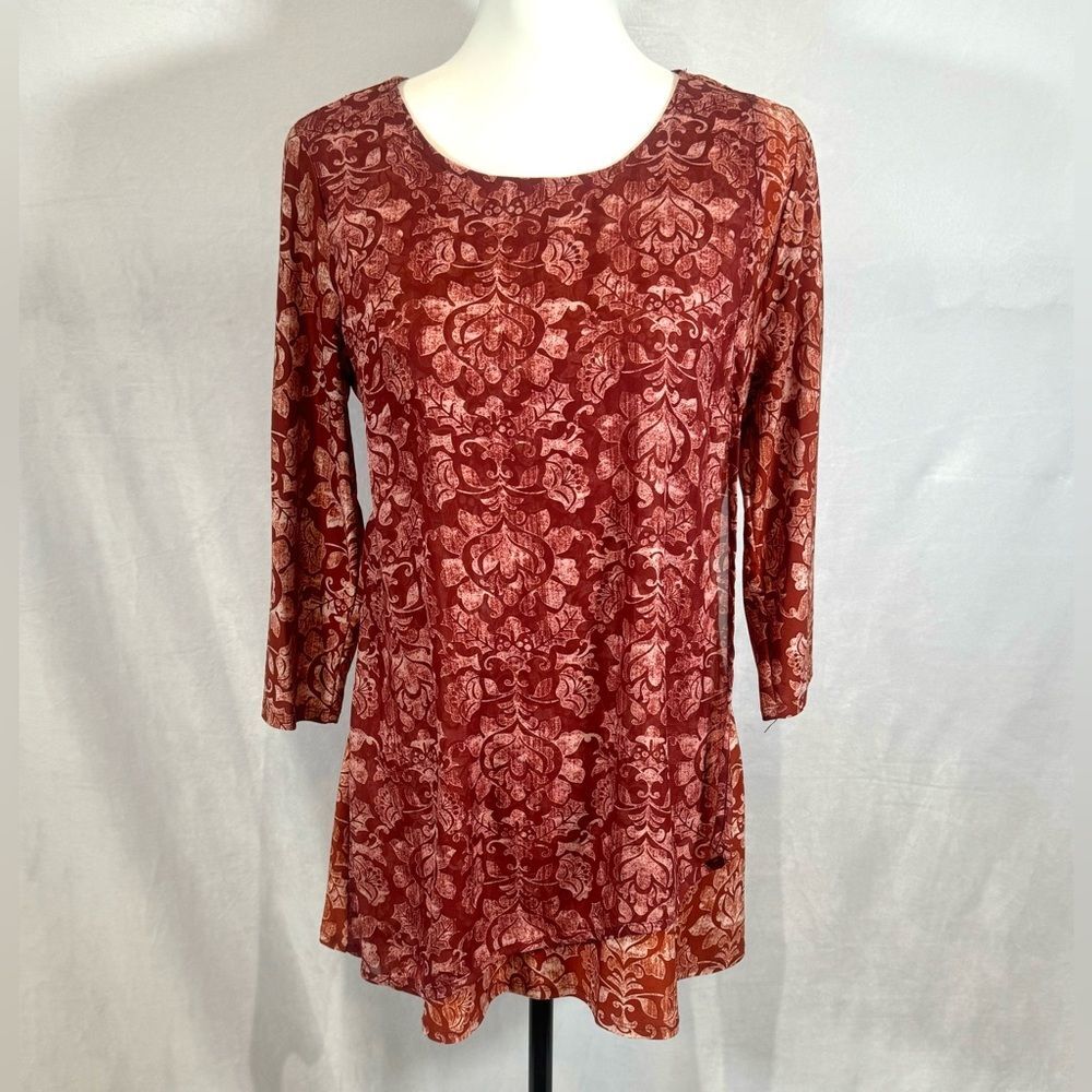 Rust abstract print sheer overlay double layer tunic top size small